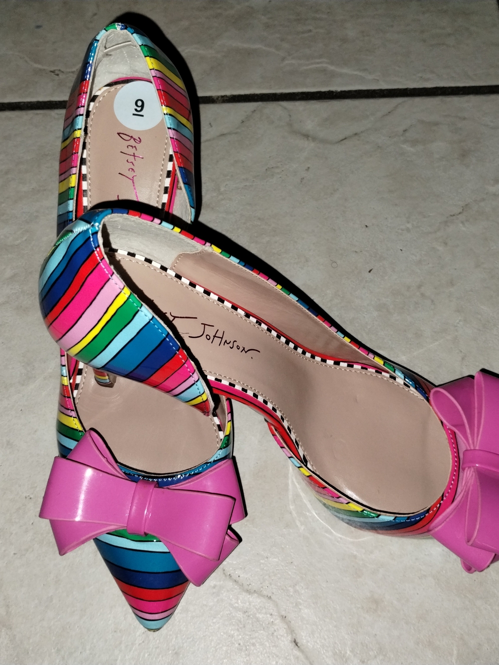 Betsey Johnson Multicolor Striped Pointed Pumps with Pink Bow - Picture 2 of 4